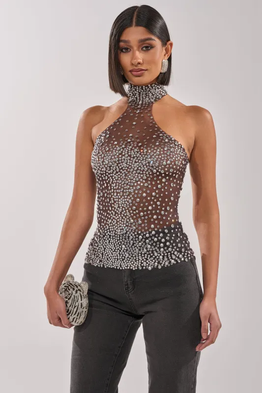 ALL YEAR ROUND SHEER RHINESTONE TOP made by AKIRA