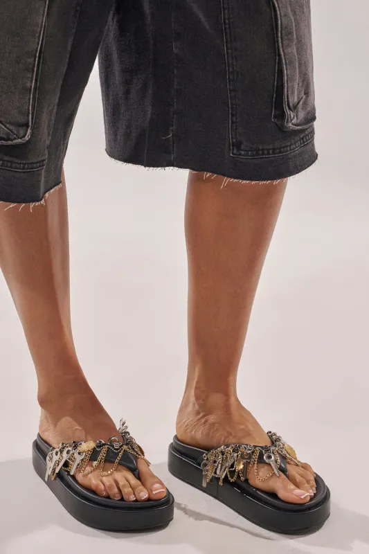 AKIRA GOLD CHRISTEN BLACK KEY EMBELLISHED NOVELTY PLATFORM SANDAL made by AKIRA