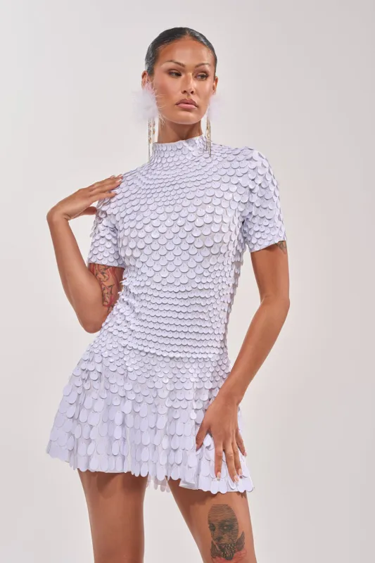 FAR FROM BASIC SEQUIN MINI DRESS IN WHITE made by AKIRA