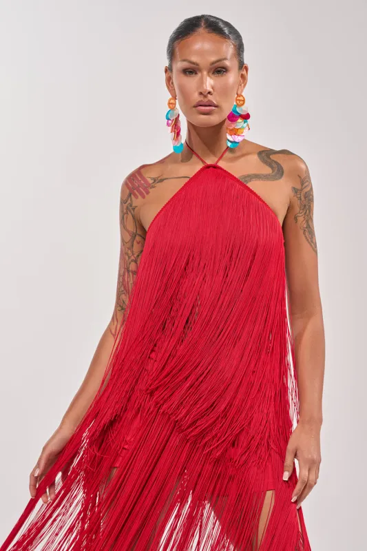ON THE EDGE FRINGE HALTER TOP made by AKIRA