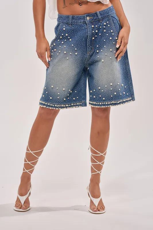 BLINGED OUT CARGO SHORTS IN MEDIUM BLUE DENIM made by AKIRA