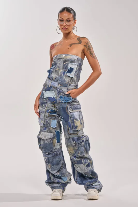 PATCHWORK DENIM ON DENIM JUMPSUIT made by AKIRA