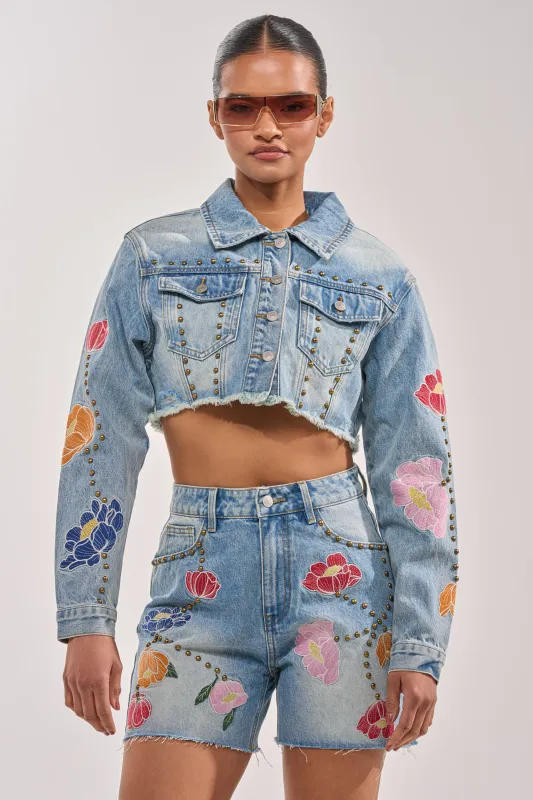 LOTTIE EMBROIDERED DENIM JACKET made by AKIRA