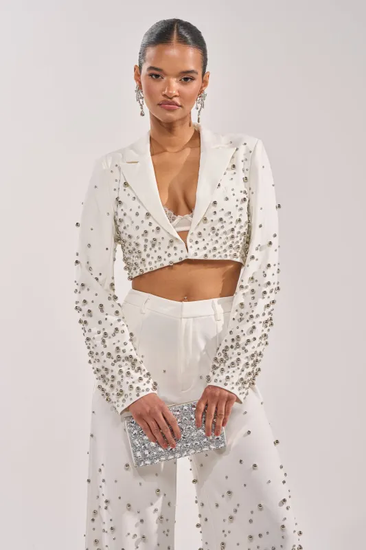 GET CLOSER EMBELLISHED BLAZER IN WHITE made by AKIRA