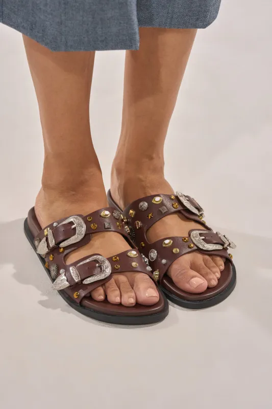 AKIRA BARCLAY BROWN METAL EMBELLISHED SLIP ON FLAT SANDAL made by AKIRA