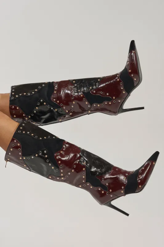 AKIRA GOLD ENYAE MAHOGANY MULTI PATCHWORK STILETTO BOOT made by AKIRA