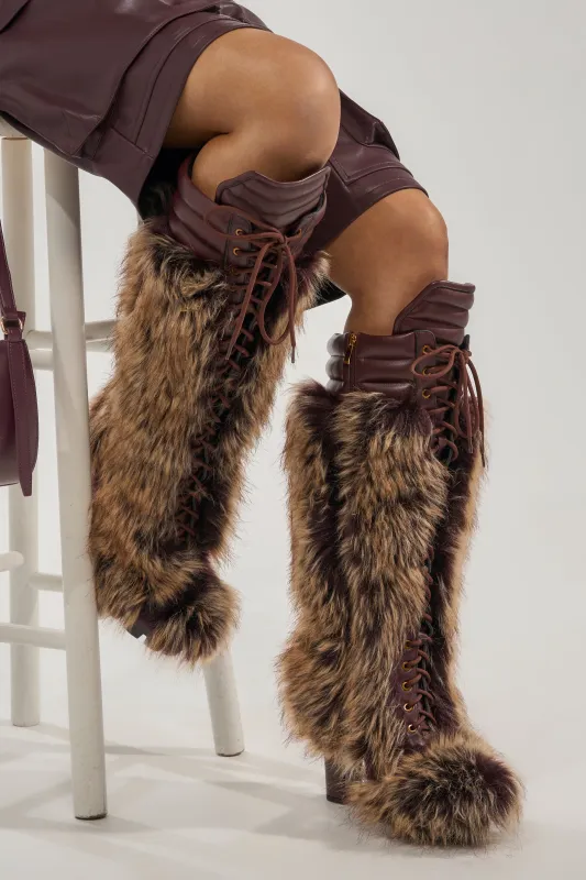 AZALEA WANG HEARTBEAT BROWN MULTI BLOCK FUR BOOT made by Azalea Wang