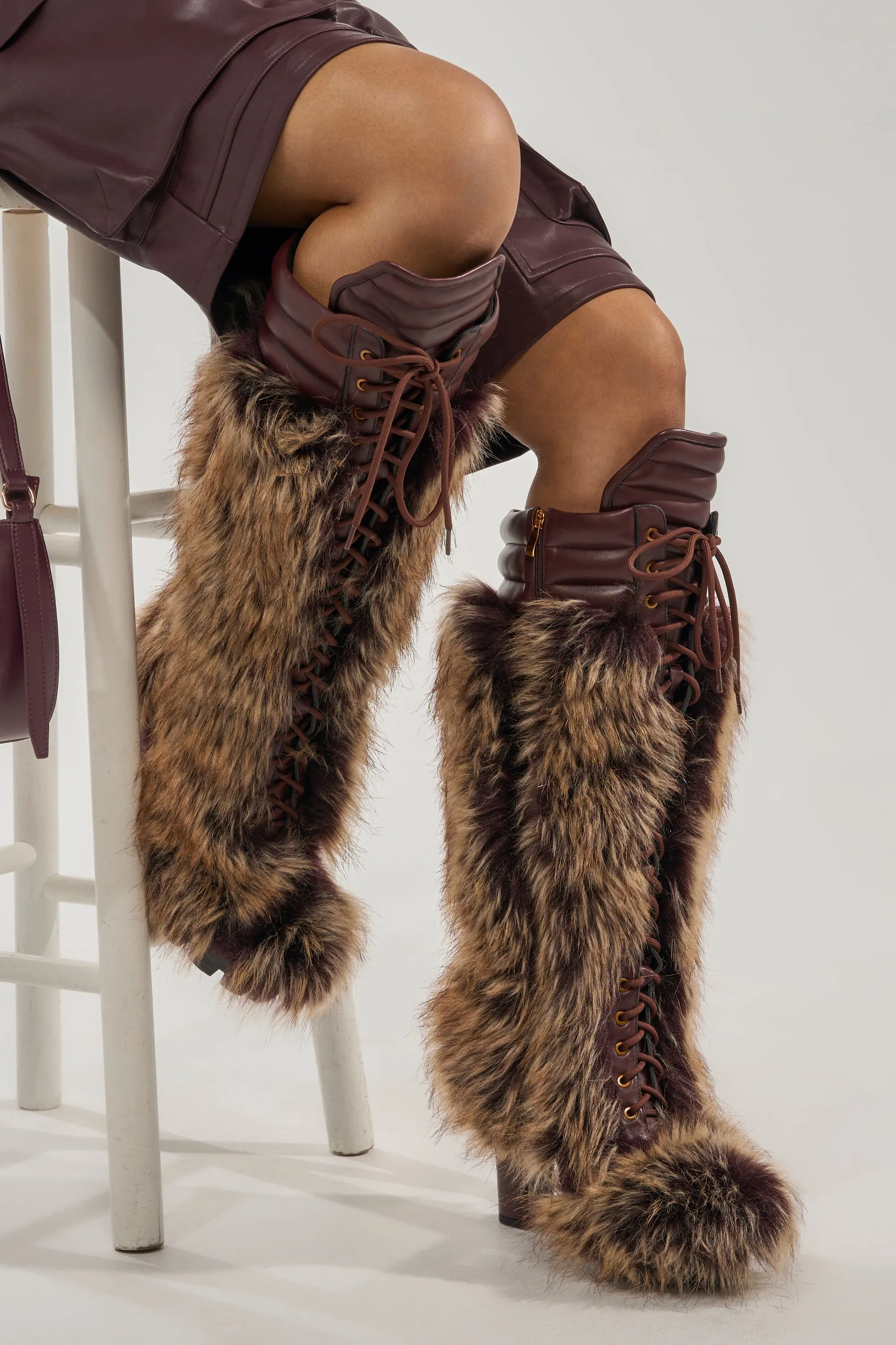AZALEA WANG HEARTBEAT BROWN MULTI BLOCK FUR BOOT sold by AKIRA
