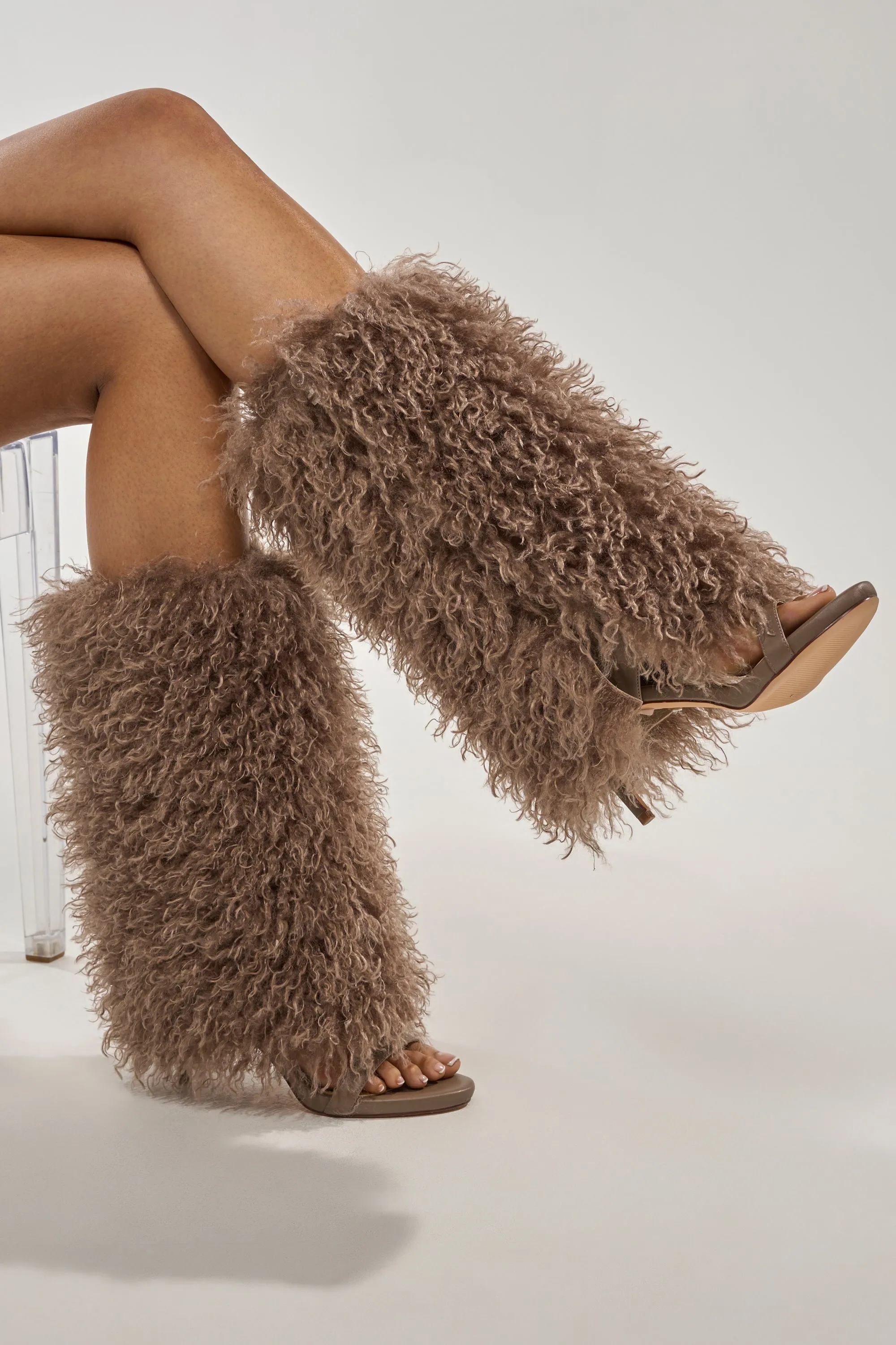 Azalea Wang CLOUD NINE TAUPE FUR OPEN TOE BOOT sold by AKIRA product image thumbnail 2