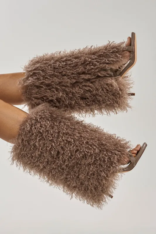 Azalea Wang CLOUD NINE TAUPE FUR OPEN TOE BOOT made by AKIRA
