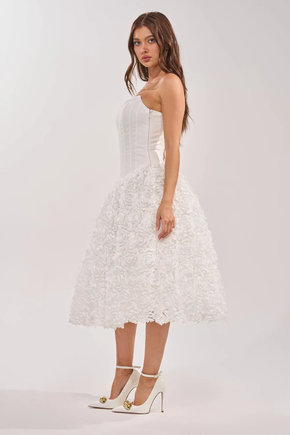 FIND ME LATER FLORAL CORSET MIDI DRESS IN WHITE sold by AKIRA product image thumbnail 3