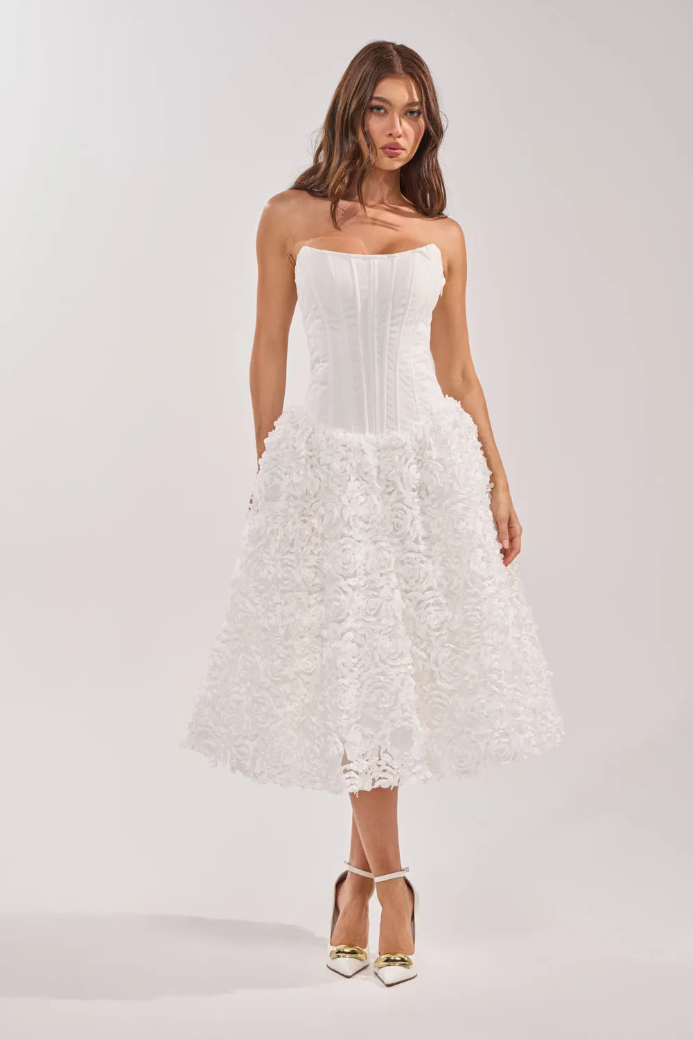 FIND ME LATER FLORAL CORSET MIDI DRESS IN WHITE sold by AKIRA product image thumbnail 2