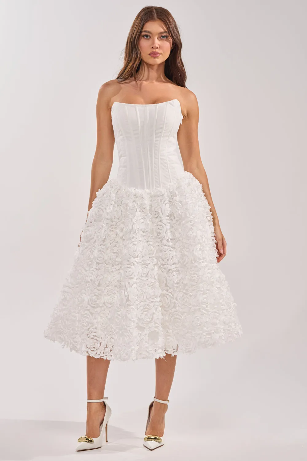 FIND ME LATER FLORAL CORSET MIDI DRESS IN WHITE sold by AKIRA