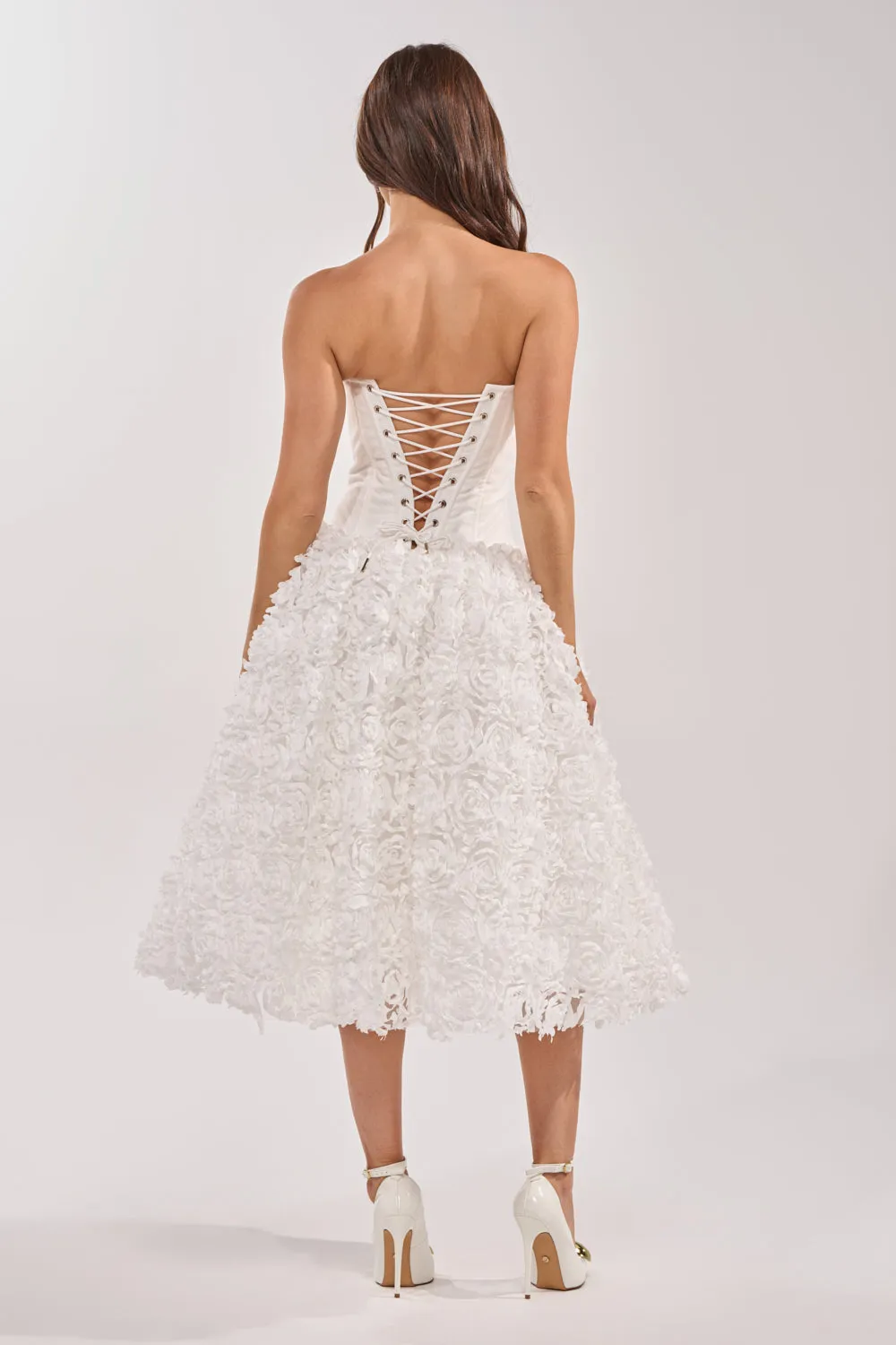 FIND ME LATER FLORAL CORSET MIDI DRESS IN WHITE sold by AKIRA product image thumbnail 4