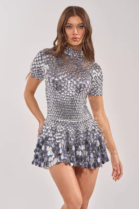 FAR FROM BASIC SEQUIN MINI DRESS IN SILVER made by AKIRA