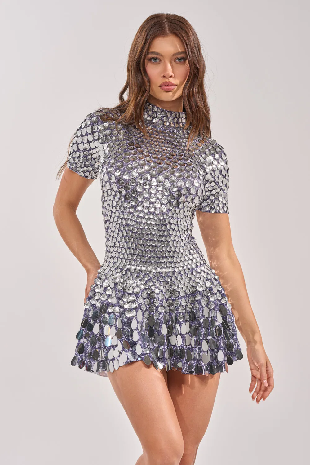 FAR FROM BASIC SEQUIN MINI DRESS IN SILVER sold by AKIRA