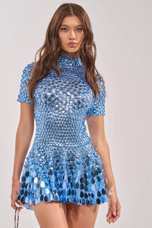 FAR FROM BASIC SEQUIN MINI DRESS IN BLUE made by AKIRA