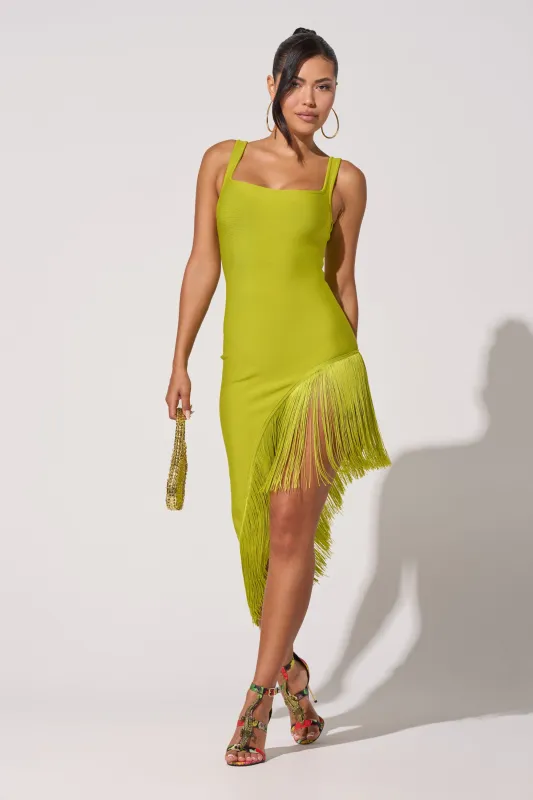 ON THE DANCEFLOOR FRINGE MIDI DRESS made by AKIRA