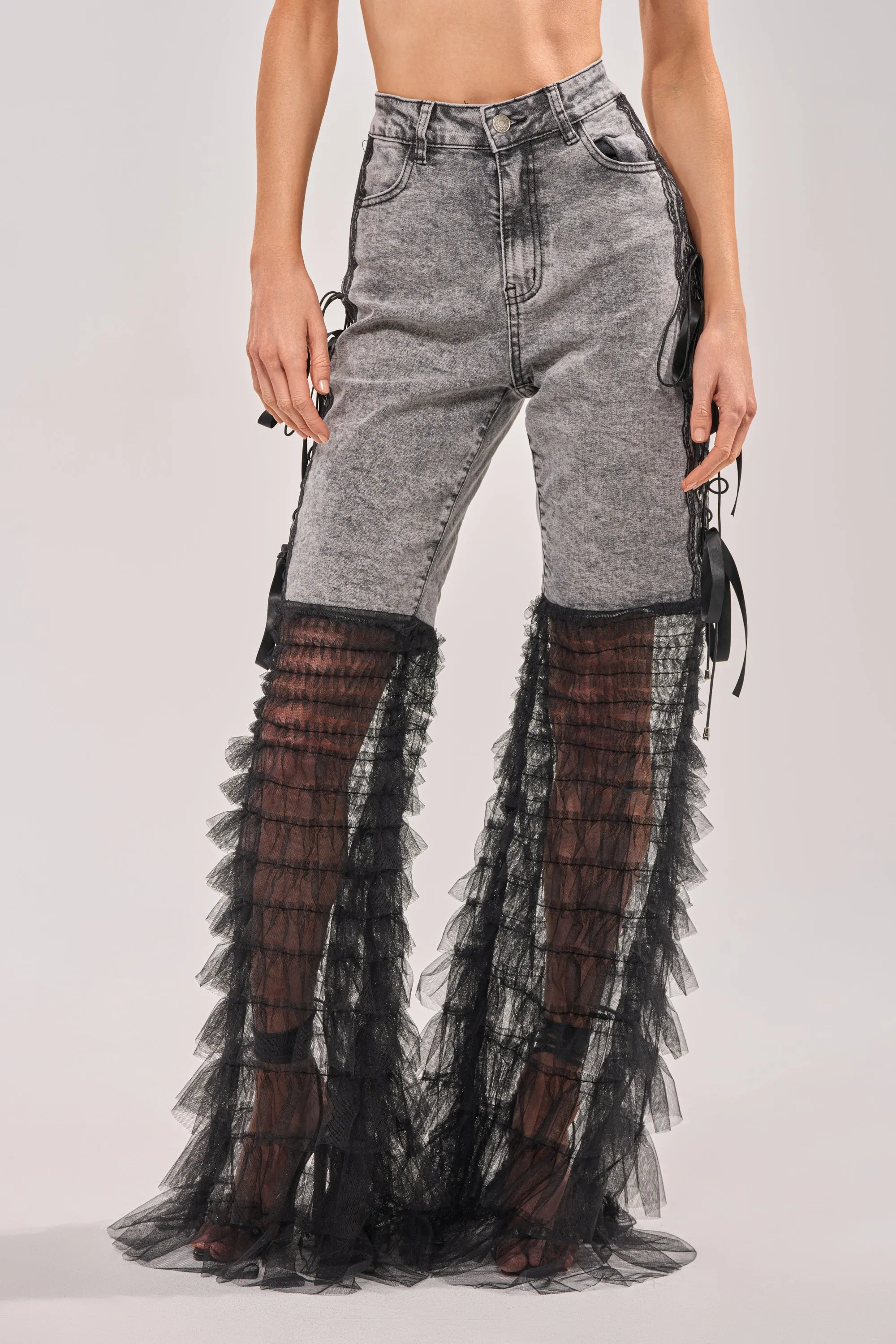 TICKED AND TIED LACE DETAIL FLARE DENIM sold by AKIRA product image thumbnail 2