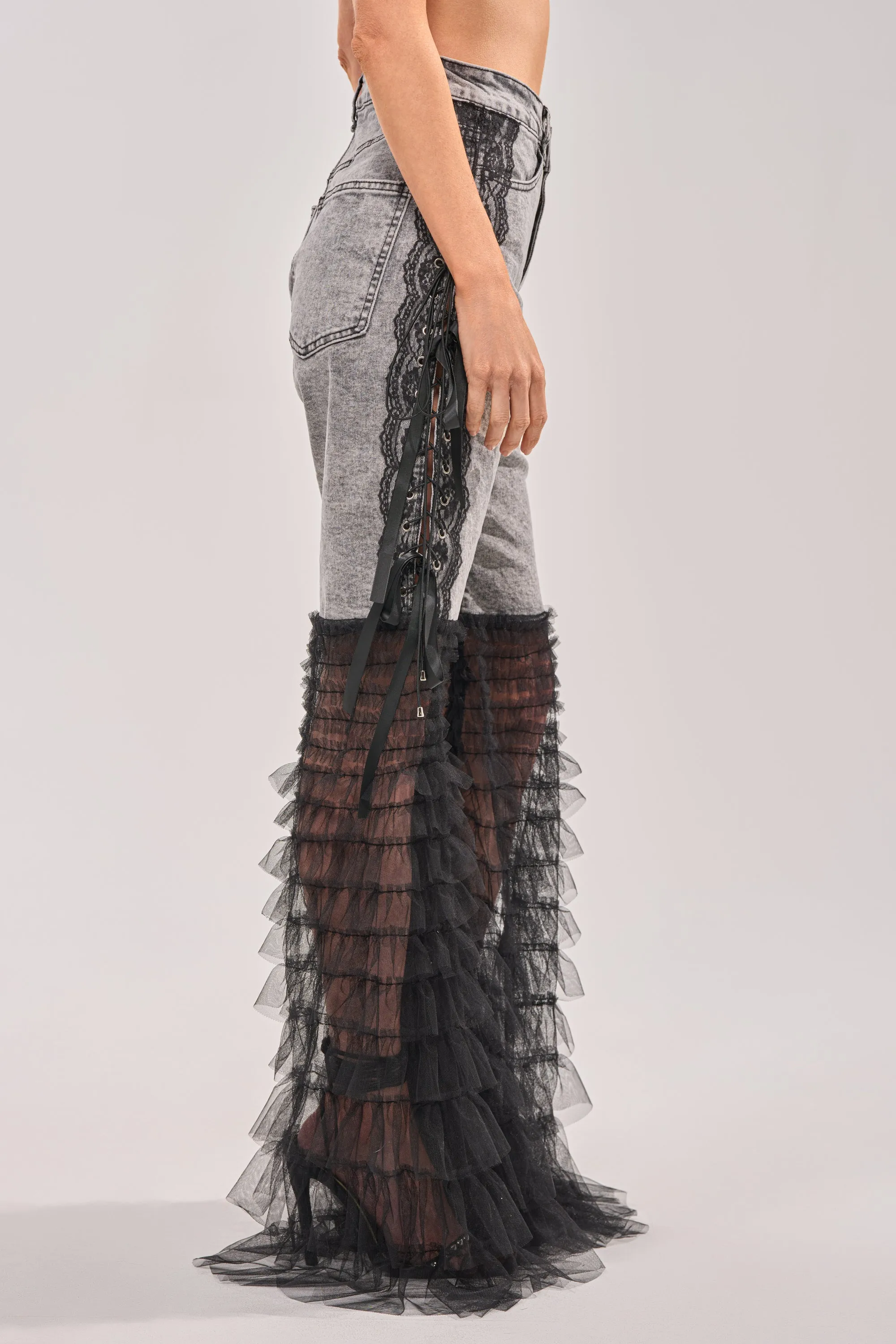 TICKED AND TIED LACE DETAIL FLARE DENIM sold by AKIRA product image thumbnail 4