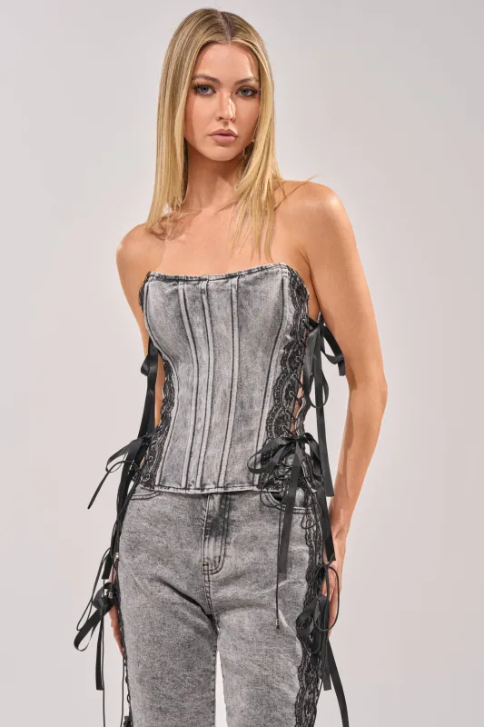 TICKED AND TIED LACE DETAIL DENIM CORSET made by AKIRA