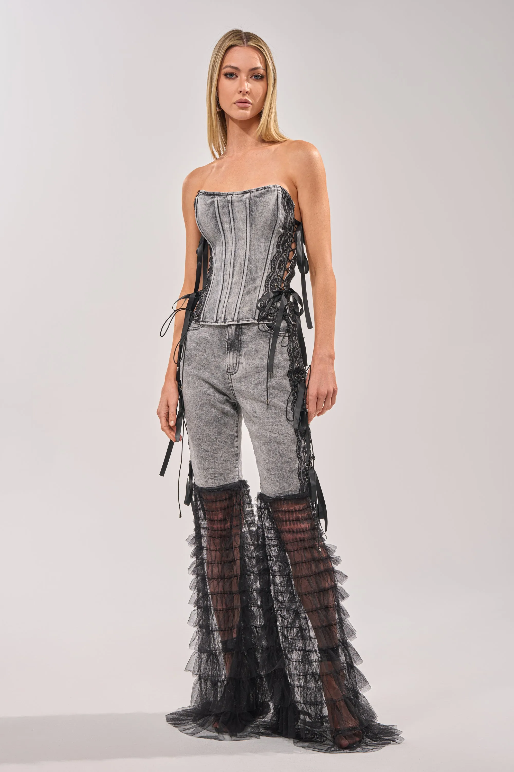 TICKED AND TIED LACE DETAIL DENIM CORSET sold by AKIRA product image thumbnail 5