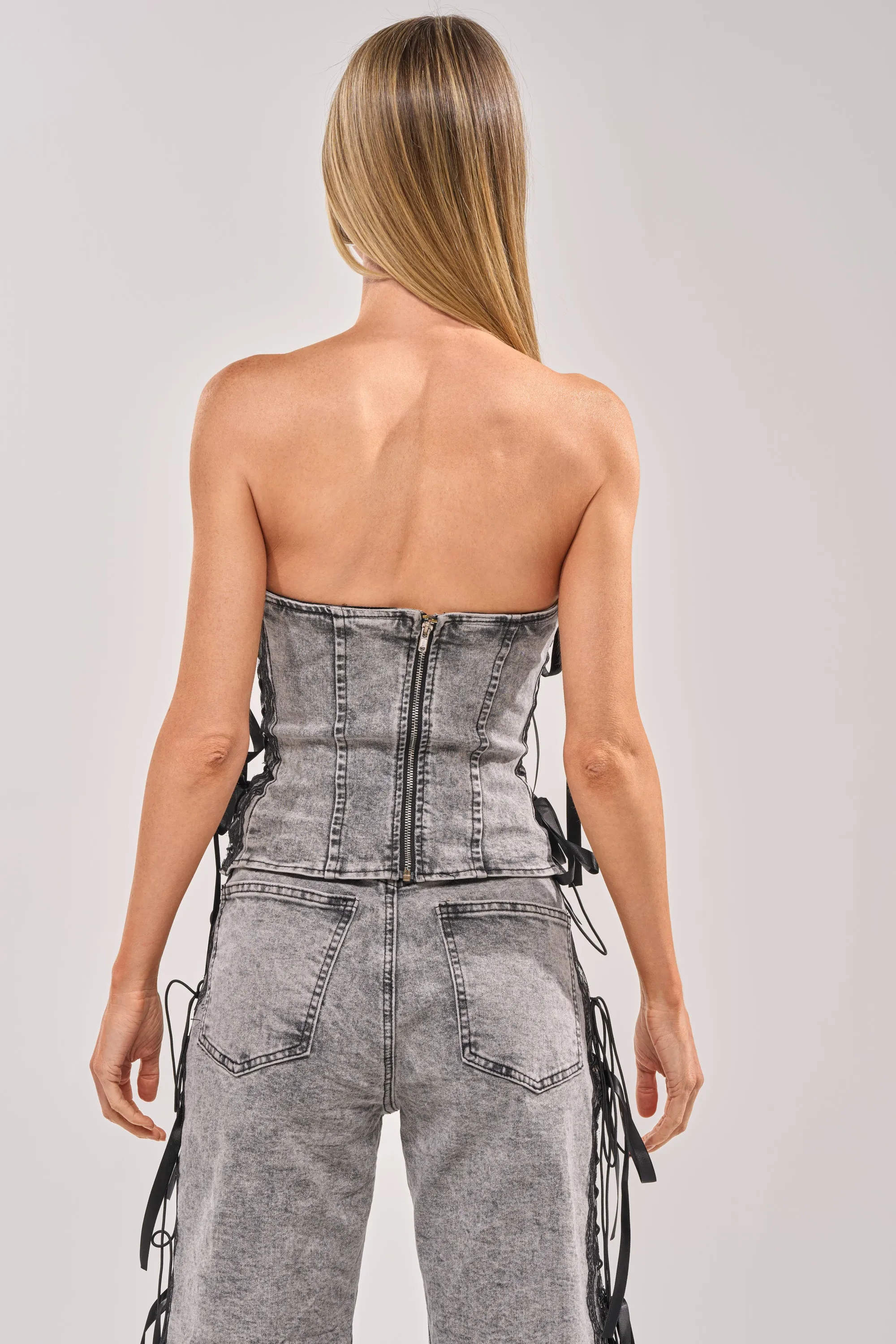 TICKED AND TIED LACE DETAIL DENIM CORSET sold by AKIRA product image thumbnail 4
