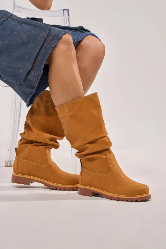 AKIRA GOLD BARTLETT TAN FLAT RUCHED BOOTIE made by AKIRA