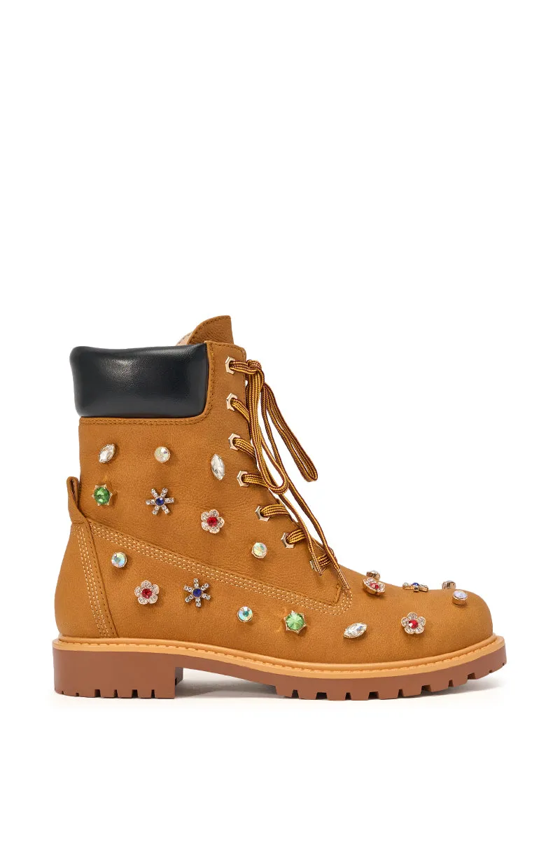 AKIRA GOLD LUSTER TAN EMBELLISHED FLAT COMBAT FESTIVAL BOOTIE sold by AKIRA product image thumbnail 5
