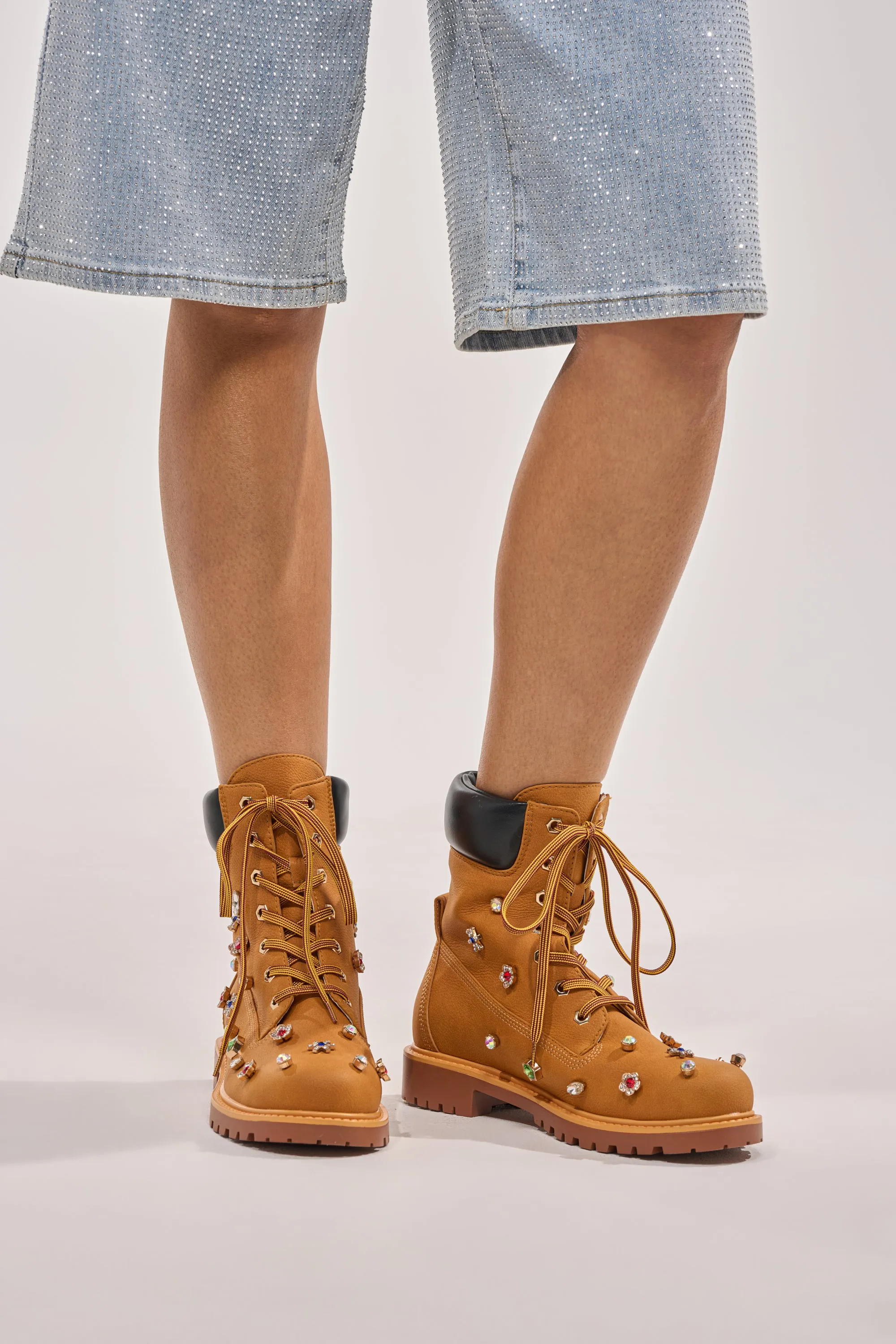 AKIRA GOLD LUSTER TAN EMBELLISHED FLAT COMBAT FESTIVAL BOOTIE sold by AKIRA product image thumbnail 2