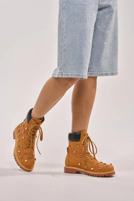 AKIRA GOLD LUSTER TAN EMBELLISHED FLAT COMBAT FESTIVAL BOOTIE made by AKIRA