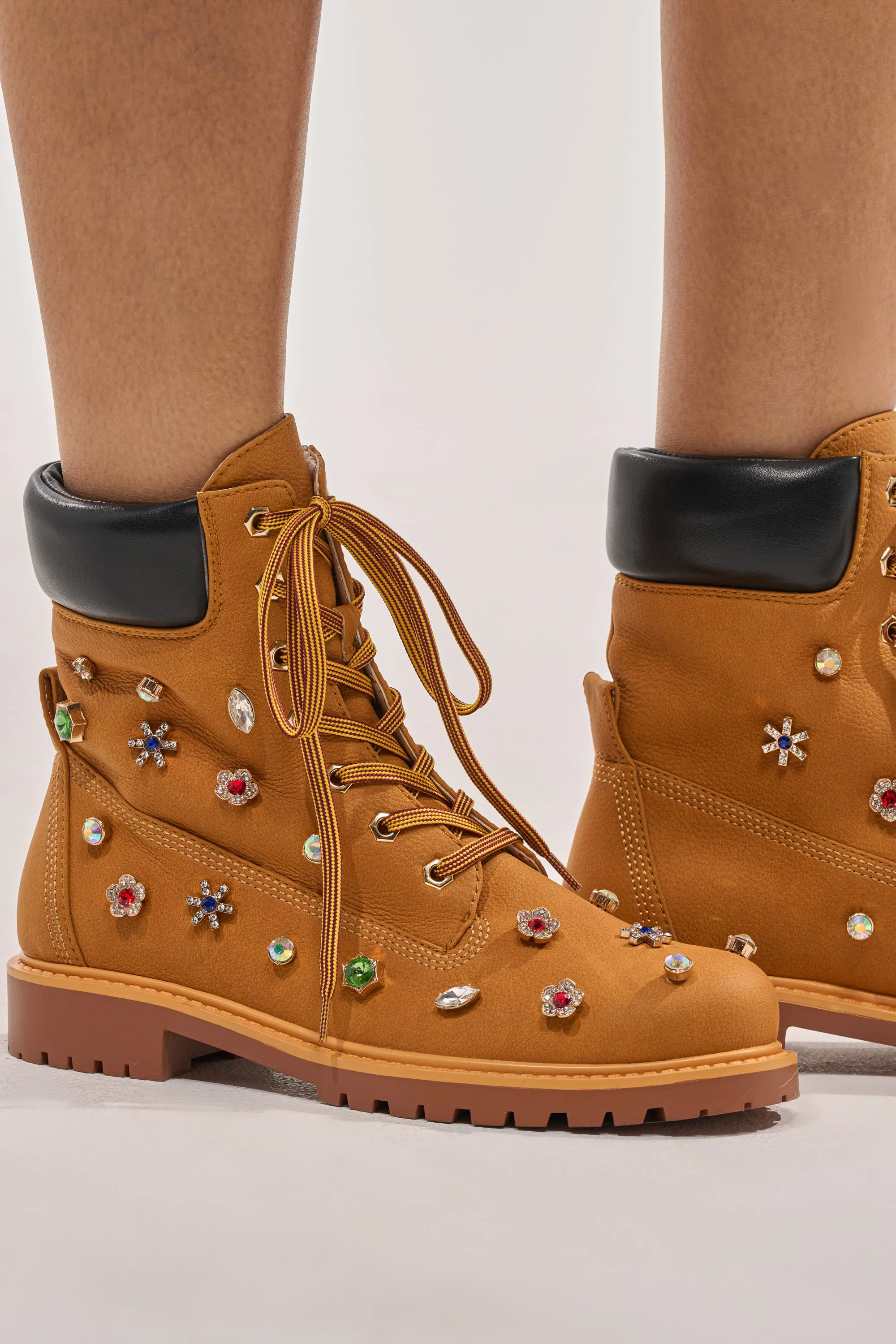 AKIRA GOLD LUSTER TAN EMBELLISHED FLAT COMBAT FESTIVAL BOOTIE sold by AKIRA product image thumbnail 4