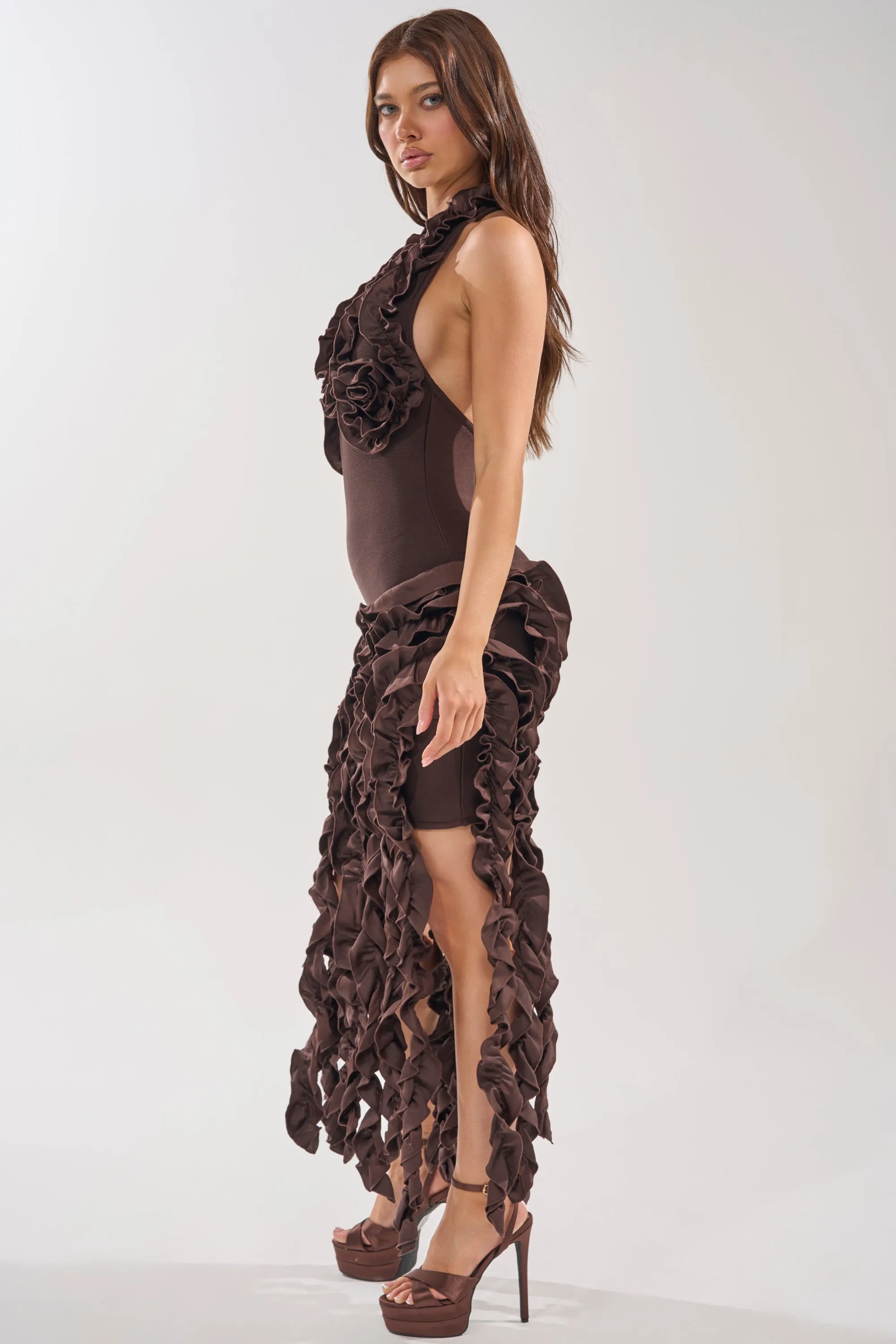 STANDING OVATION FLOCKED MAXI DRESS IN CHOCOLATE sold by AKIRA product image thumbnail 3