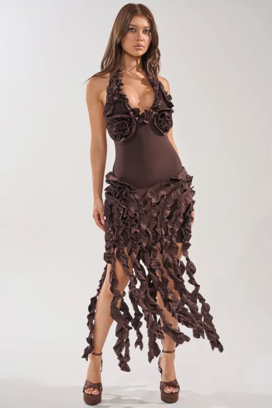STANDING OVATION FLOCKED MAXI DRESS IN CHOCOLATE made by AKIRA