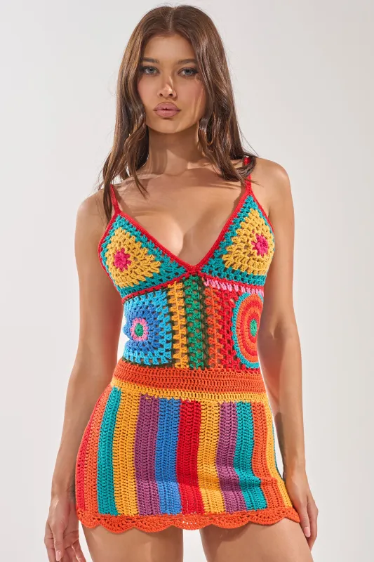 RAINBOW STITCHES CROCHET MINI DRESS made by AKIRA