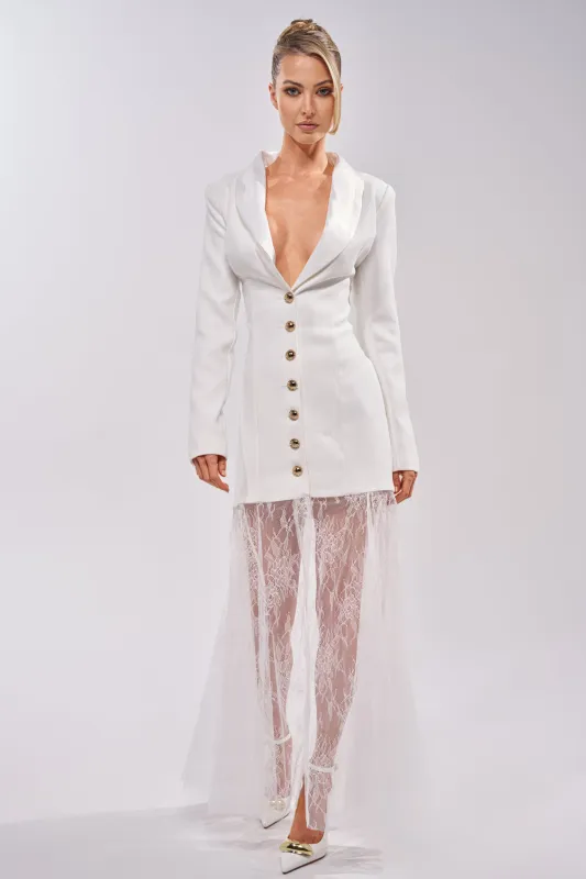 OK BOSS LADY BLAZER MAXI DRESS IN WHITE made by AKIRA