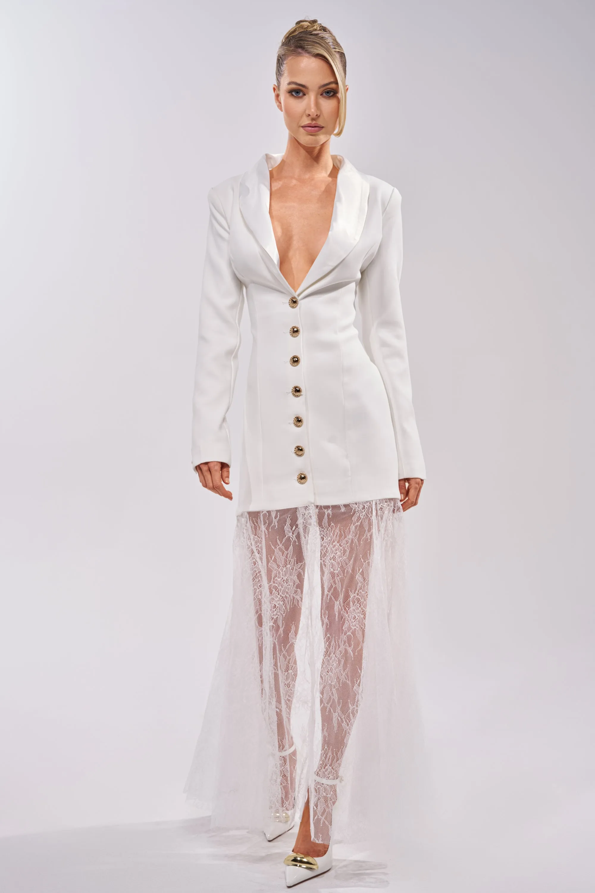 OK BOSS LADY BLAZER MAXI DRESS IN WHITE sold by AKIRA