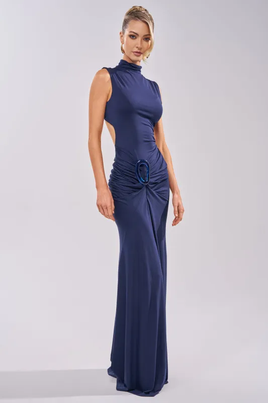 BE MY DATE BODYCON MAXI DRESS IN NAVY made by AKIRA