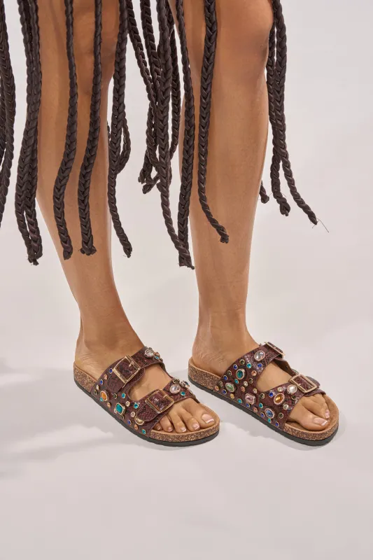 AKIRA BAYLEAVES BROWN SNAKE EMBELLISHED FLAT SLIP ON SANDAL made by Azalea Wang