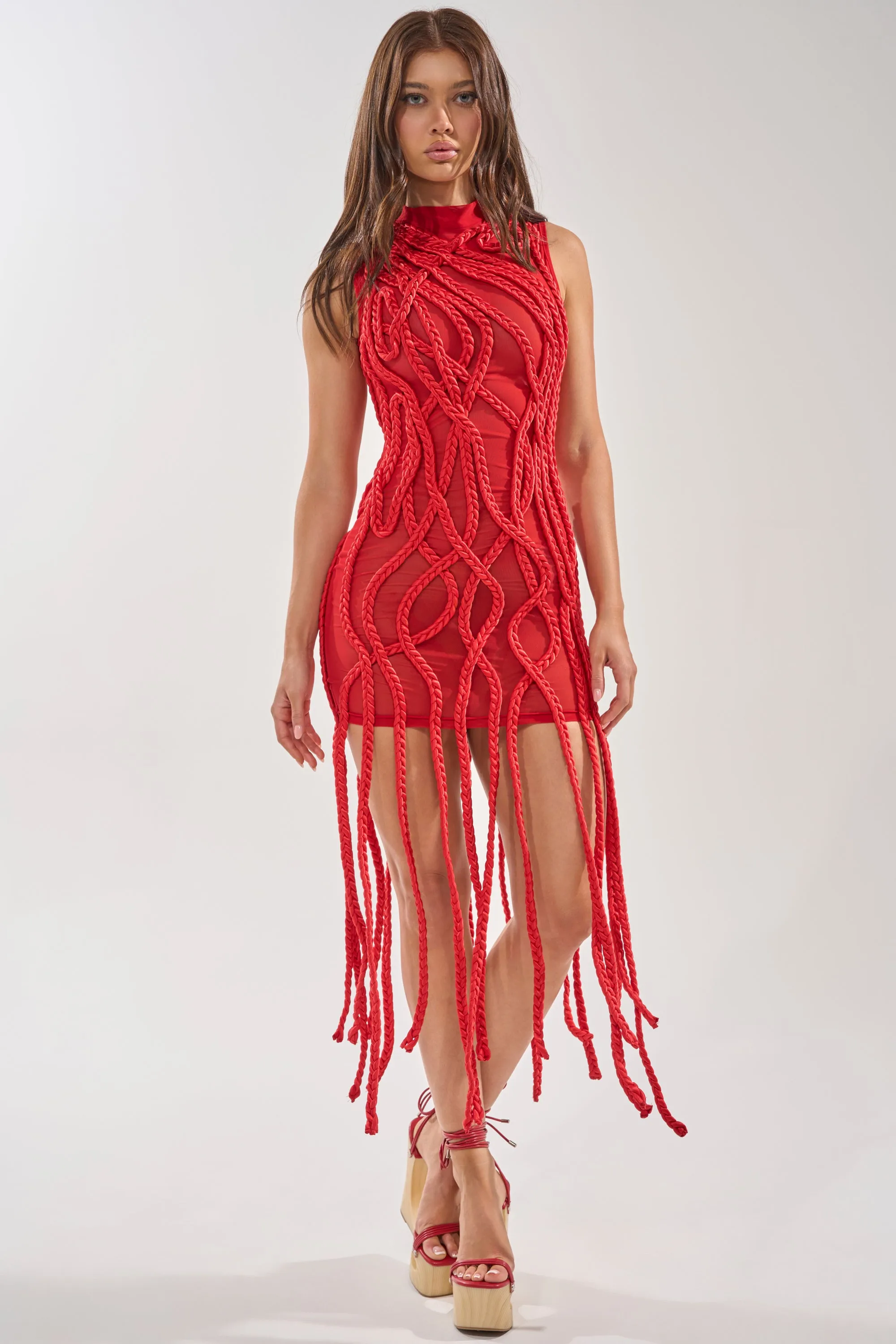 STUCK ON YOU BRAIDED MINI DRESS IN RED sold by AKIRA product image thumbnail 2