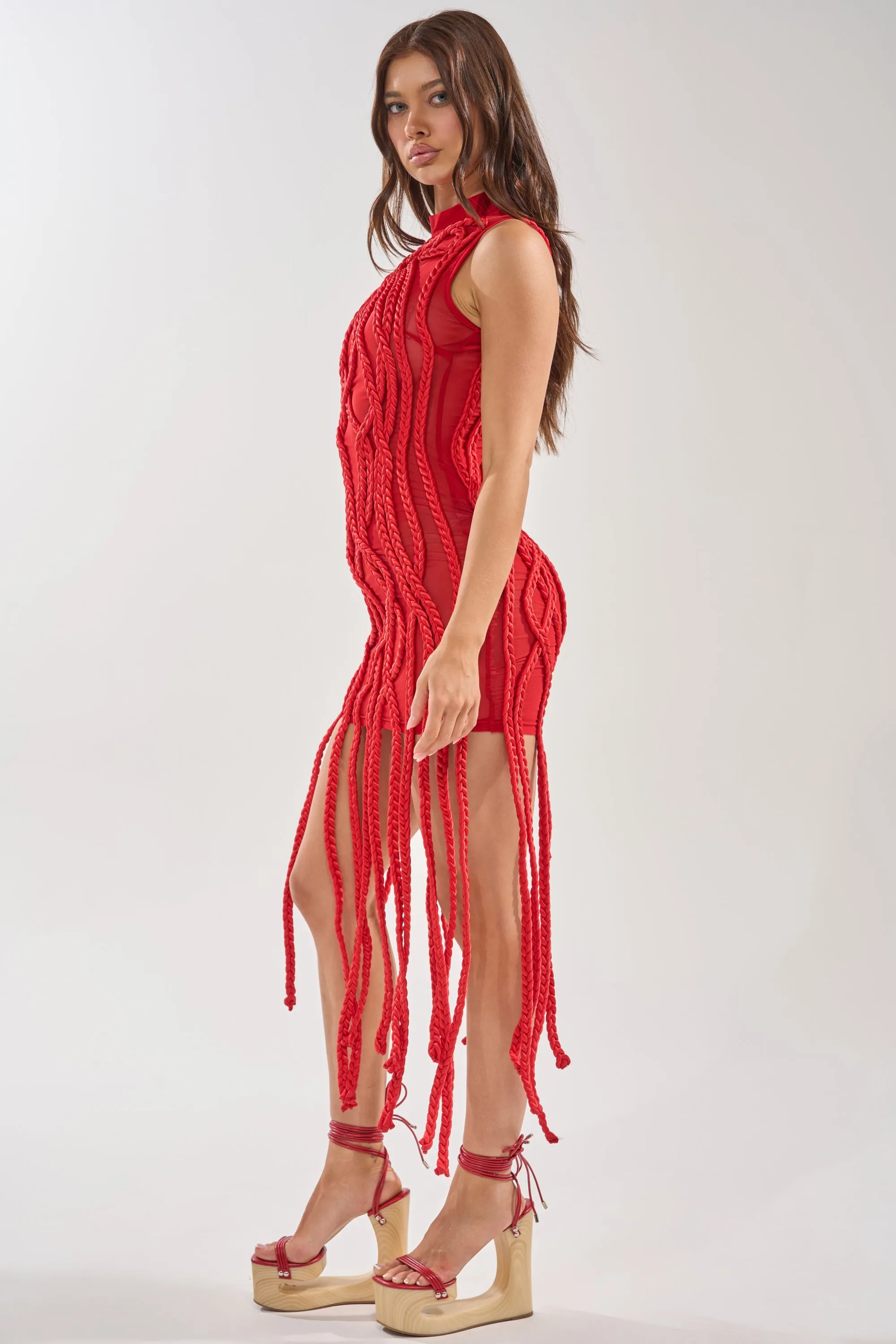 STUCK ON YOU BRAIDED MINI DRESS IN RED sold by AKIRA product image thumbnail 3