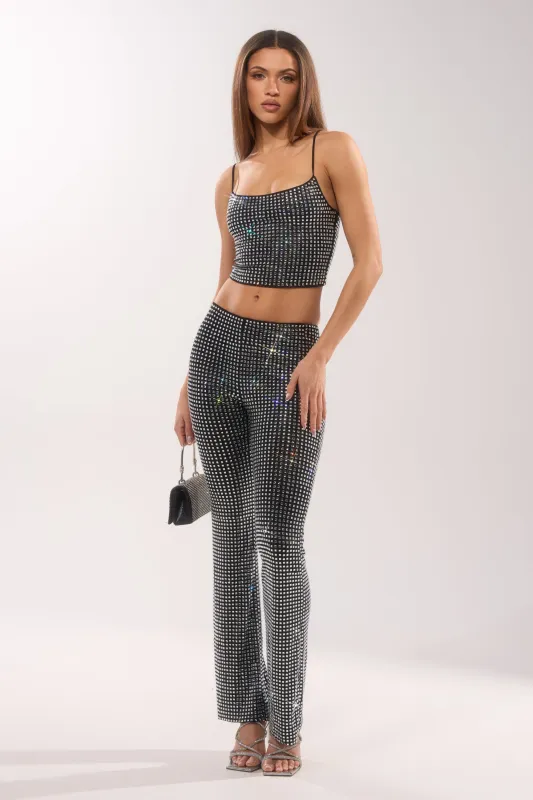 ALL EYES ON ME RHINESTONE FLARE TROUSER made by AKIRA