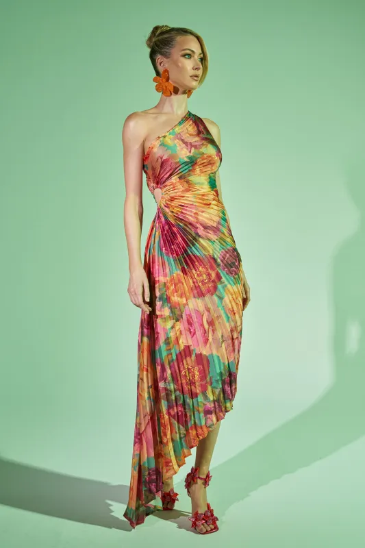 GARDEN FLORAL PLEATED MIDI DRESS made by AKIRA