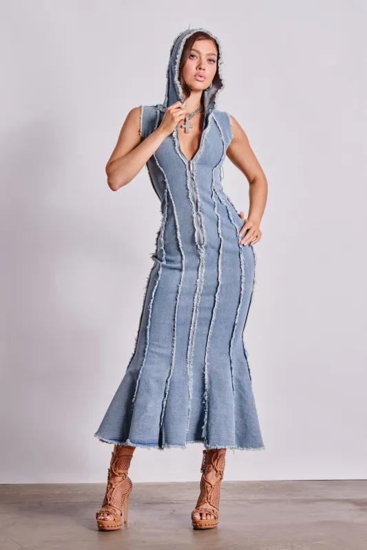 CATCH MY SWAG DENIM HOODED MAXI DRESS made by AKIRA