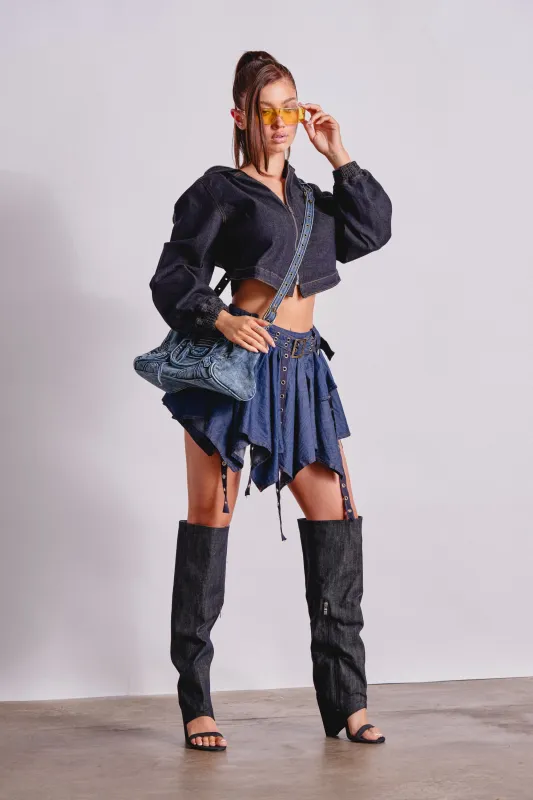 AFTER HOURS MINI SKIRT IN MEDIUM BLUE DENIM made by AKIRA
