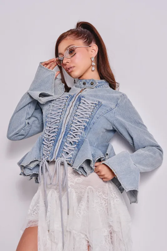 DOUBLE DARE YOU PEPLUM DENIM JACKET made by AKIRA