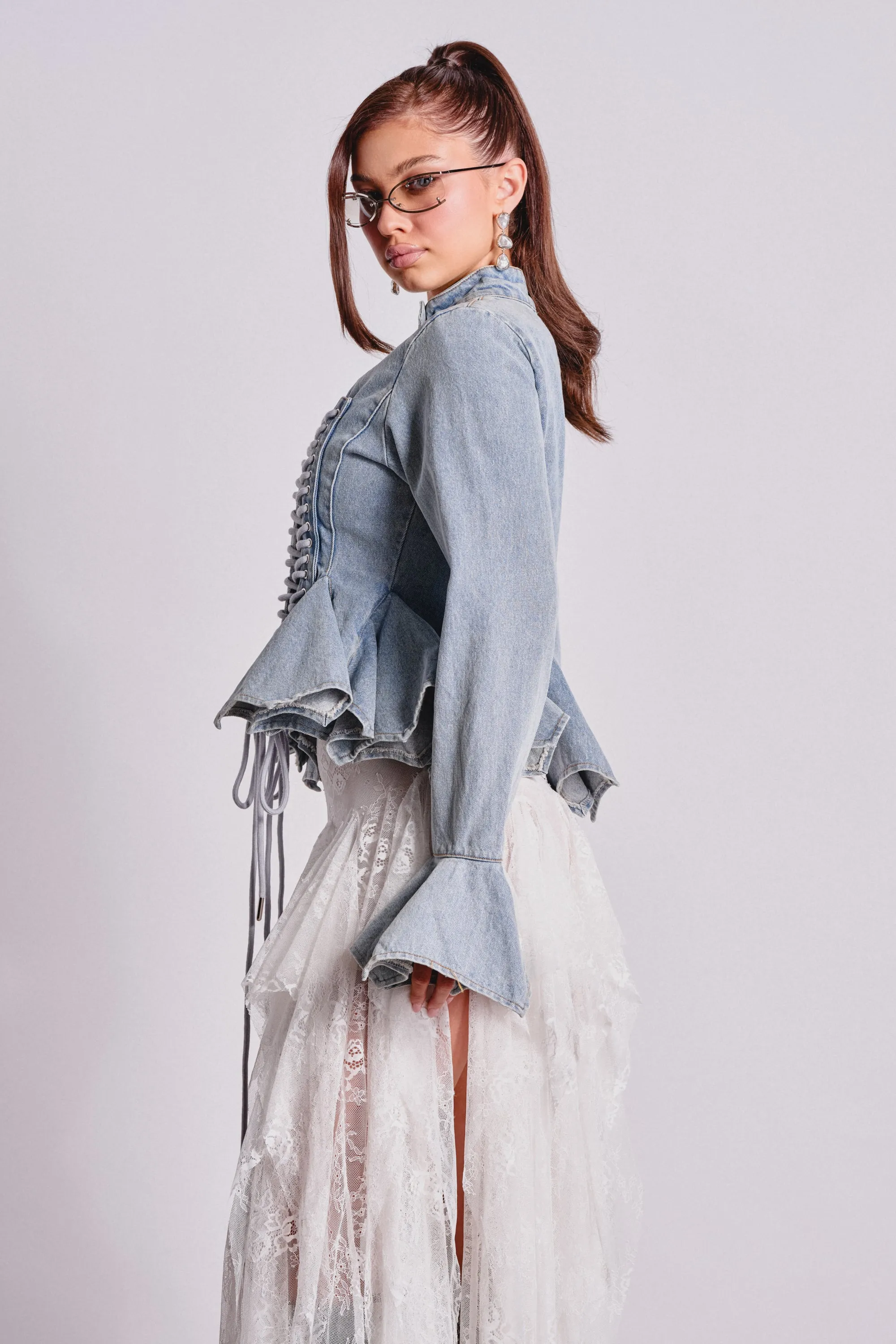 DOUBLE DARE YOU PEPLUM DENIM JACKET sold by AKIRA product image thumbnail 4