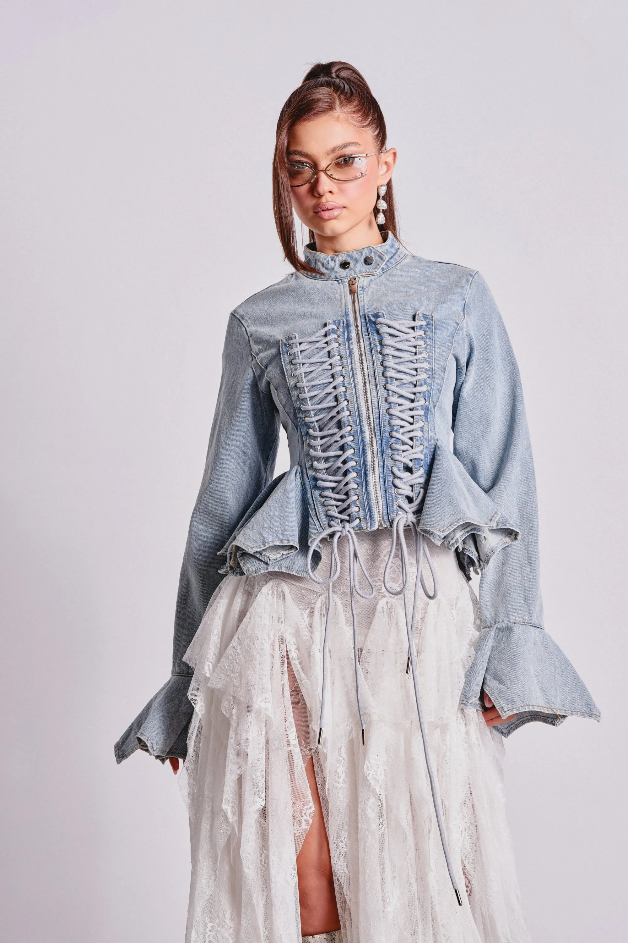 DOUBLE DARE YOU PEPLUM DENIM JACKET sold by AKIRA product image thumbnail 3