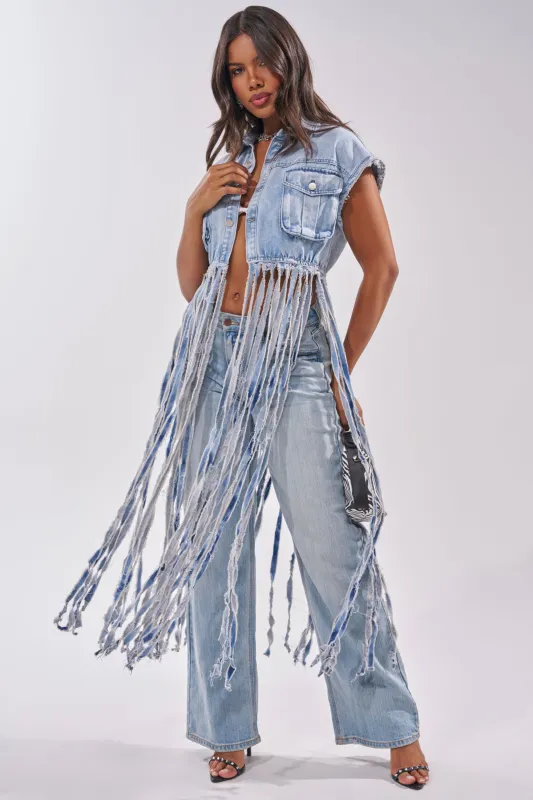 ROCK ON DENIM FRINGE TOP made by AKIRA