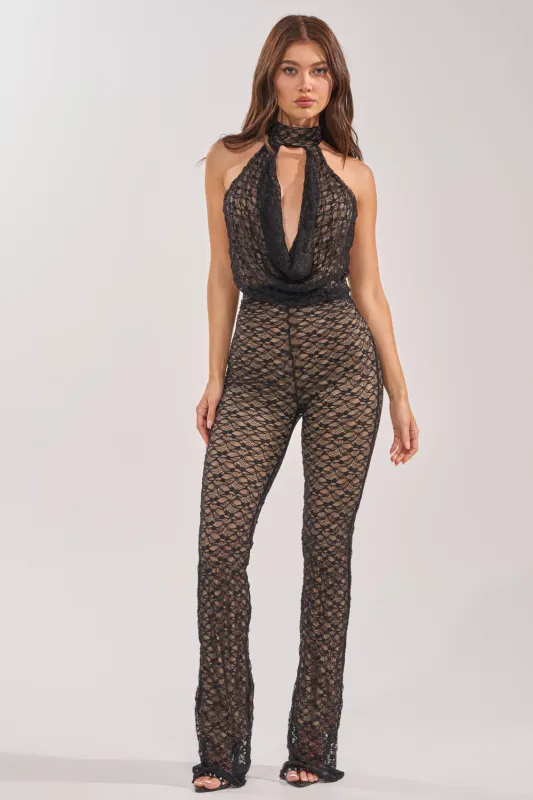 MAIN VIBE LACE JUMPSUIT IN BLACK made by AKIRA